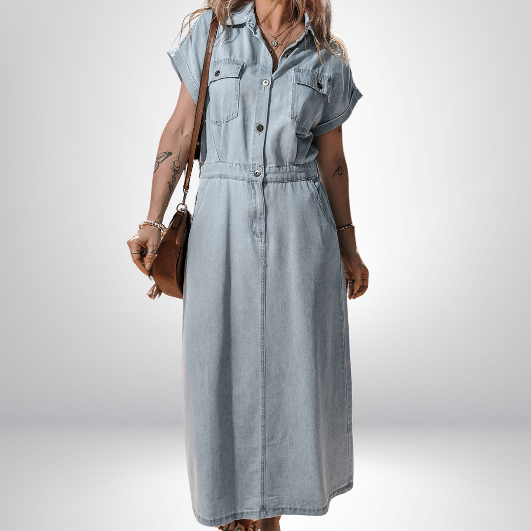 Isabelle™ - Denimklänning med eleganta, korta fladdermusärmar